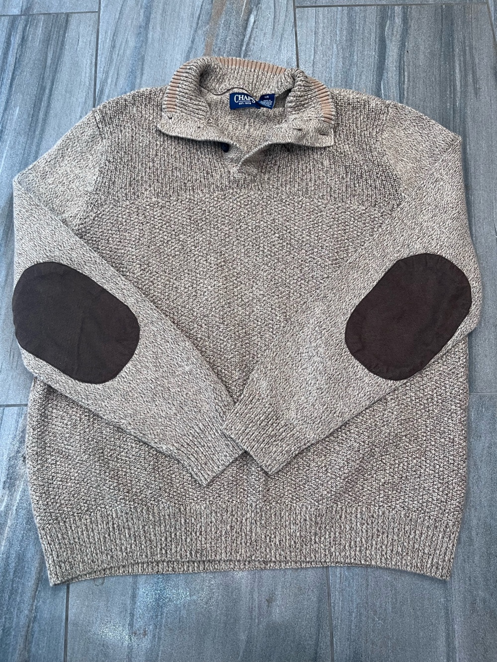 Chaps Men's L Brown Knit Henley Sweater with Dark Elbow Patches